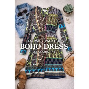 Liz Claiborne Paisley Dress Small Boho Patchwork Long Sleeve Stretch